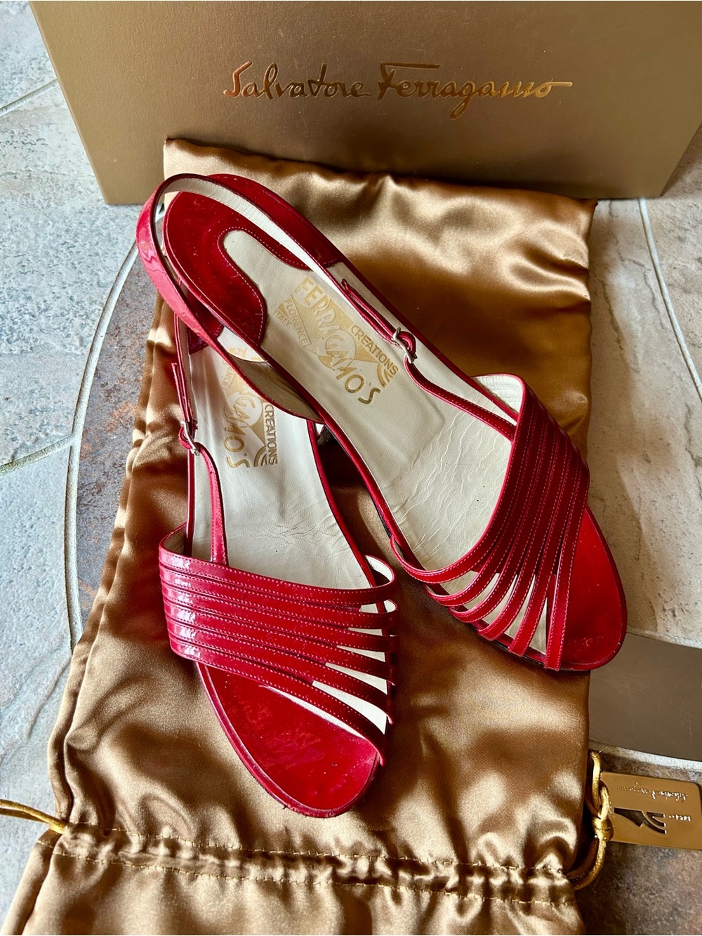 Salvatore Ferragamo Red Patent Leather Strappy Slingback Sandals